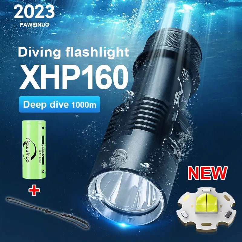 Cooling mesh hiking windbreaker adventure pullover-Professional Diving Flashlight Rechargeable XHP160 Diving Torch 1000m Underwater Lantern IPX8 Waterproof Flashlights