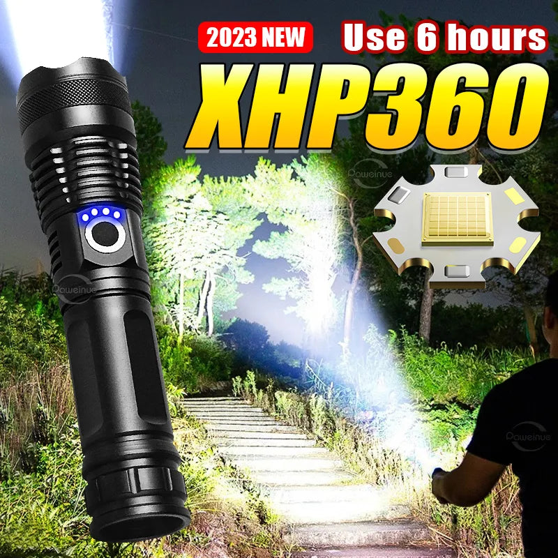 Padded moisture-absorbing hiking socks-Ultra Bright XHP360 LED Flashlight High Power Flash Light Type-C Rechargeable Lamp Telescopic Zoom Torch Outdoor Camping Lantern