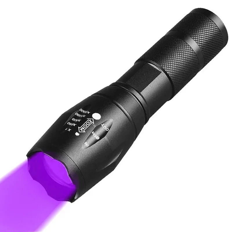 Rechargeable hiking trail adventure perimeter light-UV Flashlight Purple White Dual Light 395nm Ultraviolet Torch Zoom Flashlight Detection Lighting Lamp for Pet Stains Hunting