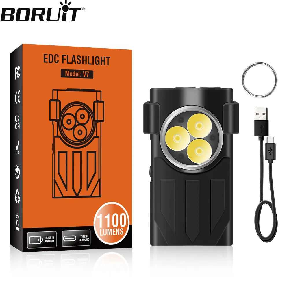 Compact outdoor emergency survival trail kit-BORUiT V7 LED EDC Keychain Flashlight Type-C Rechargeable Portable Work Light Mini Torch with Clip UV Camping Pocket Lantern