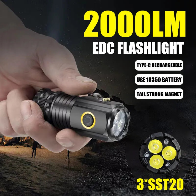 Waterproof hiking adventure khaki trail sneakers-Powerful Portable Mini LED Flashlight 2000LM 3LED Ultra Strong Light 18350 Built-in Battery USB Rechargeable With Magnet Torch