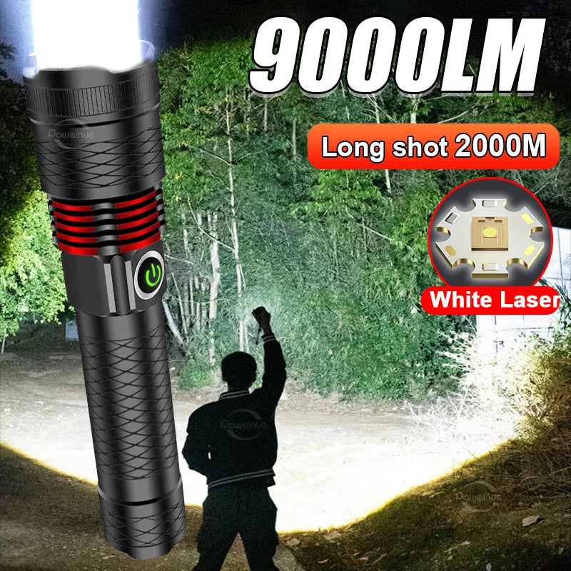 Windproof ripstop hiking tarp canopy-NEW 9000LM Rechargeable LED Flashlights White Laser Lamp Beads 2000m Super Bright Flashlight Powerful Lantern Camping Torch