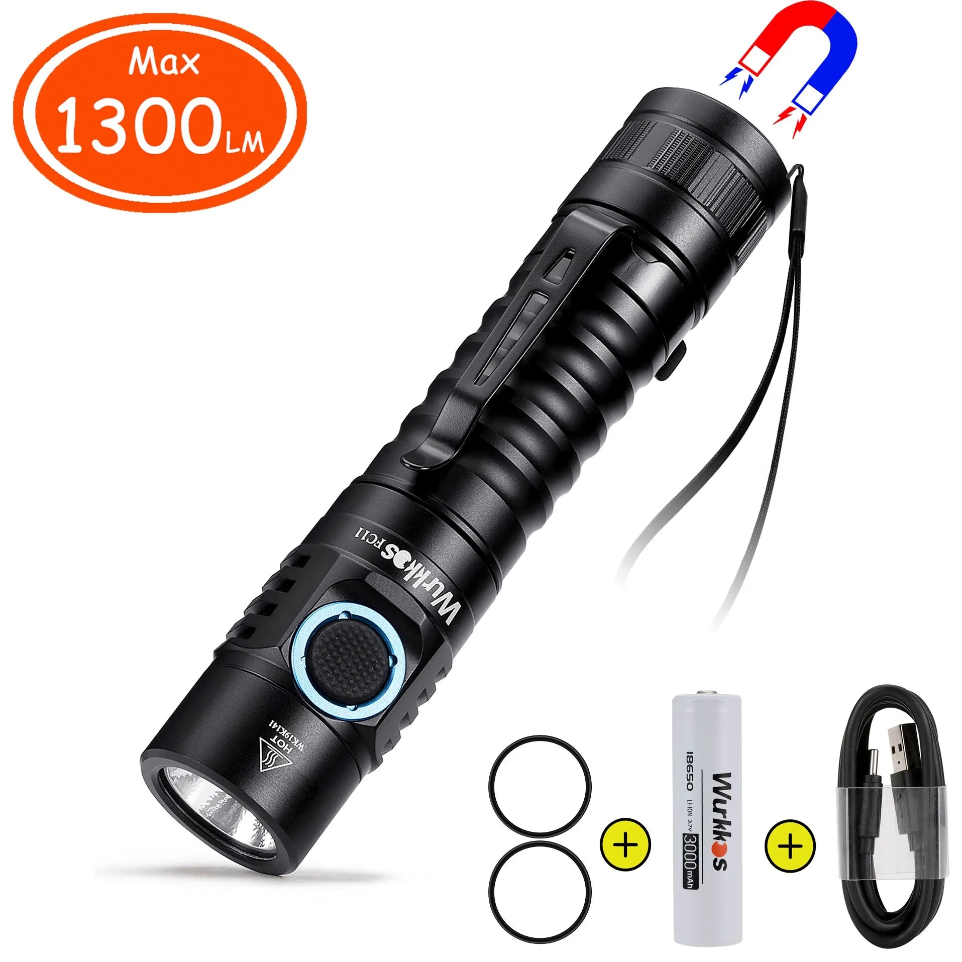 Fast-wicking cooling trekking hoodie-Wurkkos FC11 USB C Rechargeable 18650 LED Flashlight 1300LM LH351D 5000K 90 CRI with Magnetic Tail 2 Groups