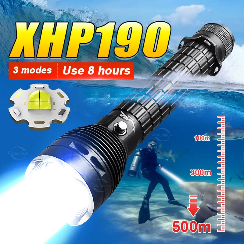 Waterproof camping trail adventure boots-2023 New XHP190 Led Diving Flashlight IPX8 Underwater Waterproof 800M Professional Diving Torch L2 Underwater Lighting Work Lamp