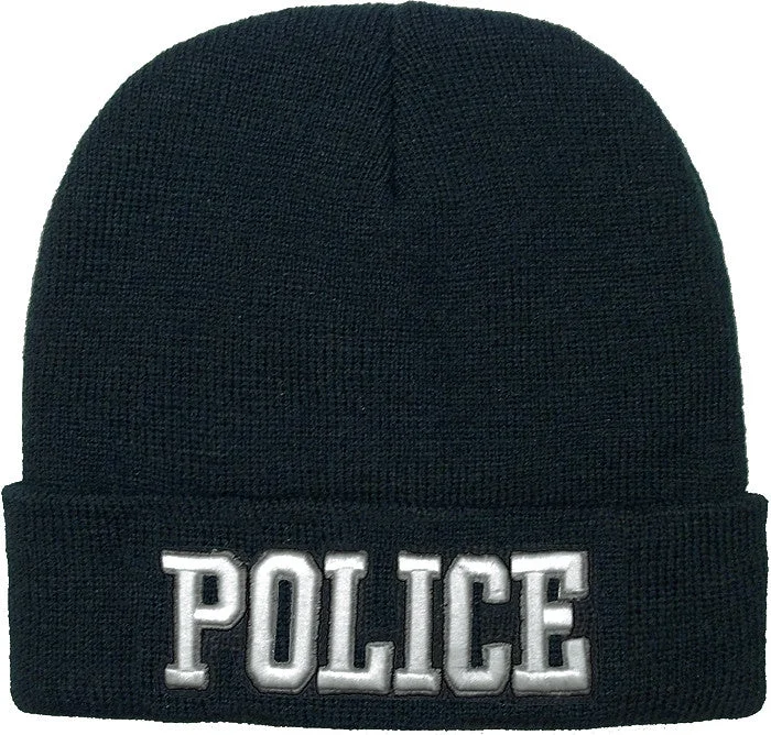 Plush-lined rapid-dry camping socks-Black - Deluxe POLICE Embroidered Watch Cap with White Lettering