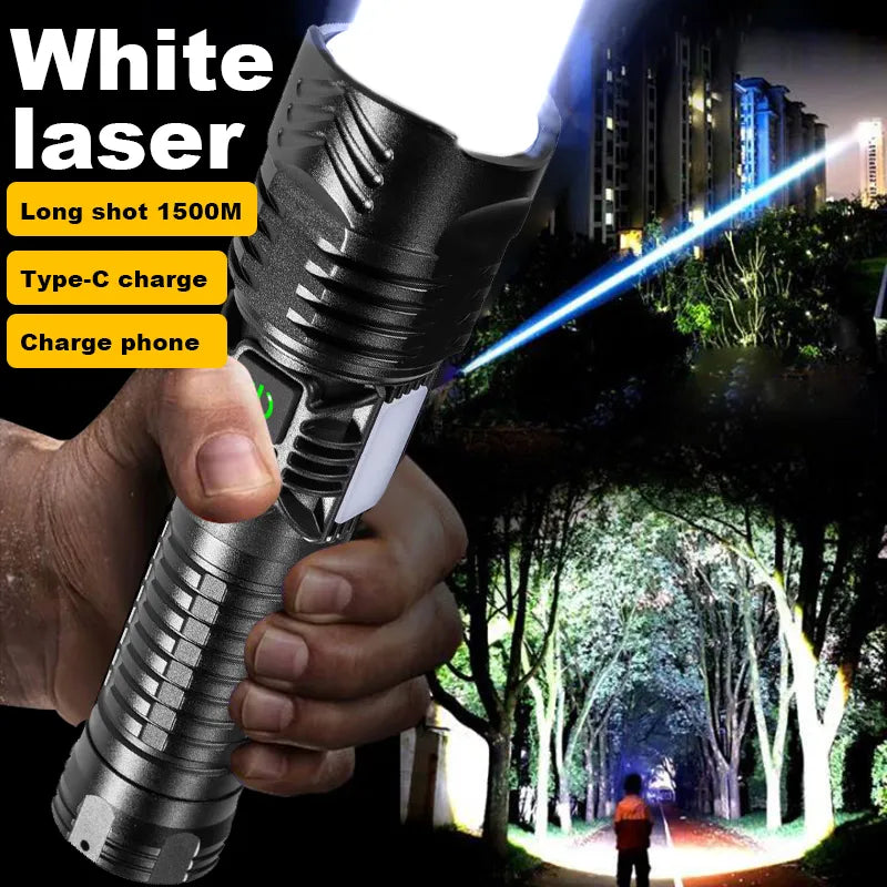 Stretchable quick-dry trekking shorts-1500m White Laser Flashlight Super Bright Type-c Recharging Torch Powerful LED Flashlights Zoom With COB Lamp Tactics Lanterns