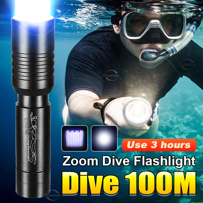 UV-shielding trekking visor neck scarf-Diving 100M Underwater Lantern Led Rechargeable Portable Zoom Professional Underwater Lantern IP68 Waterproof Diving Flashlight