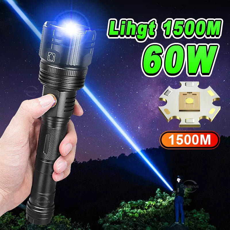 Reflective glow nylon trail adventure cord-Light 1500m High Power Led Flashlights  Rechargeable Flashlight With Usb Charging Ultra Powerful Torch Work Tactical Light