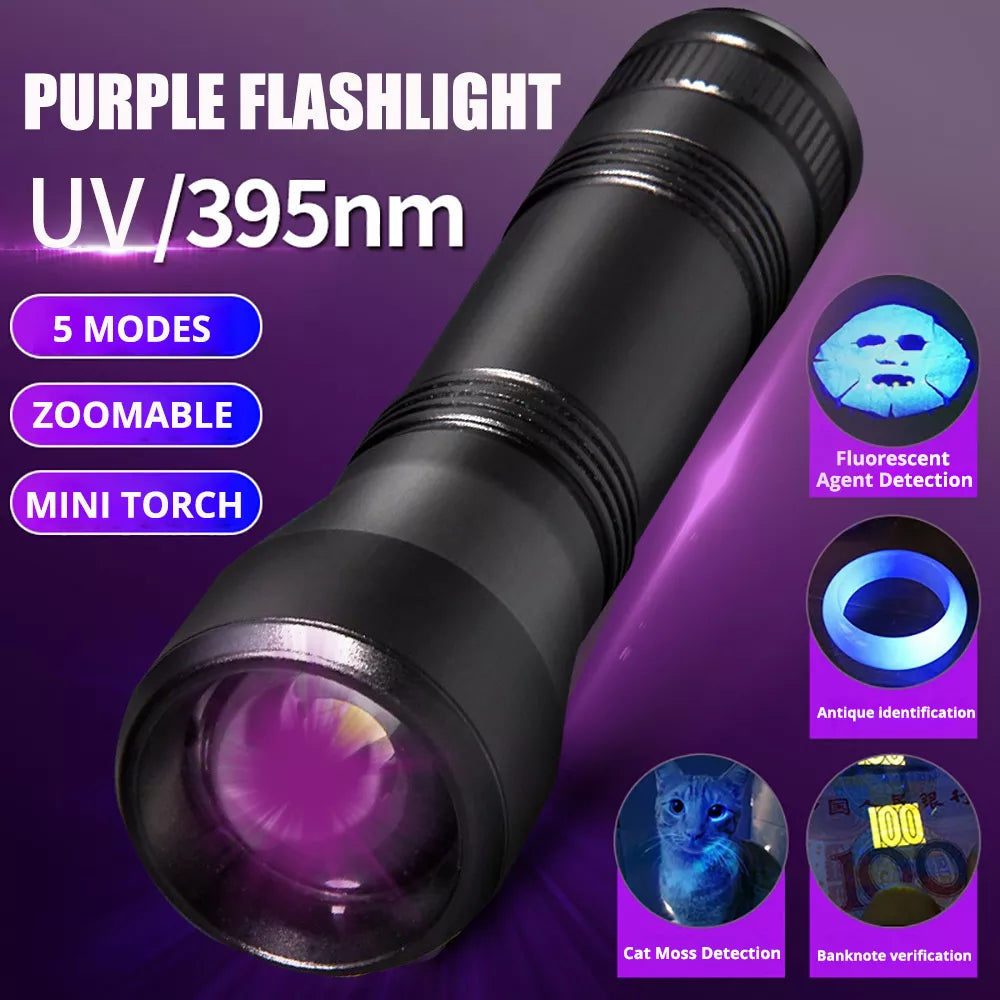 Energy-saving trekking inflatable mat-LED UV Flashlight Purple Flashlights Ultraviolet Torch Zoom 395nm Lamp Fluorescent Agent Detection UV Detection lamp with 18650