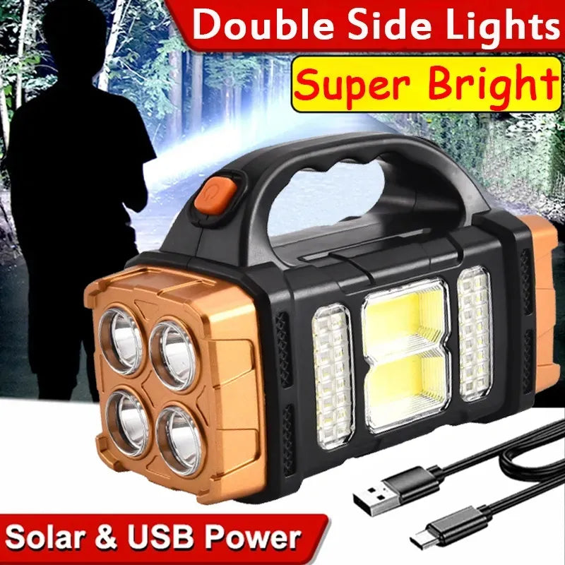 Solar-powered portable hiking cooling stove-Super Bright Solar LED Flashlight With COB Work Lights Portable Emergency Spotlight Power Bank 4 Modes Outdoor Solar Torch Light