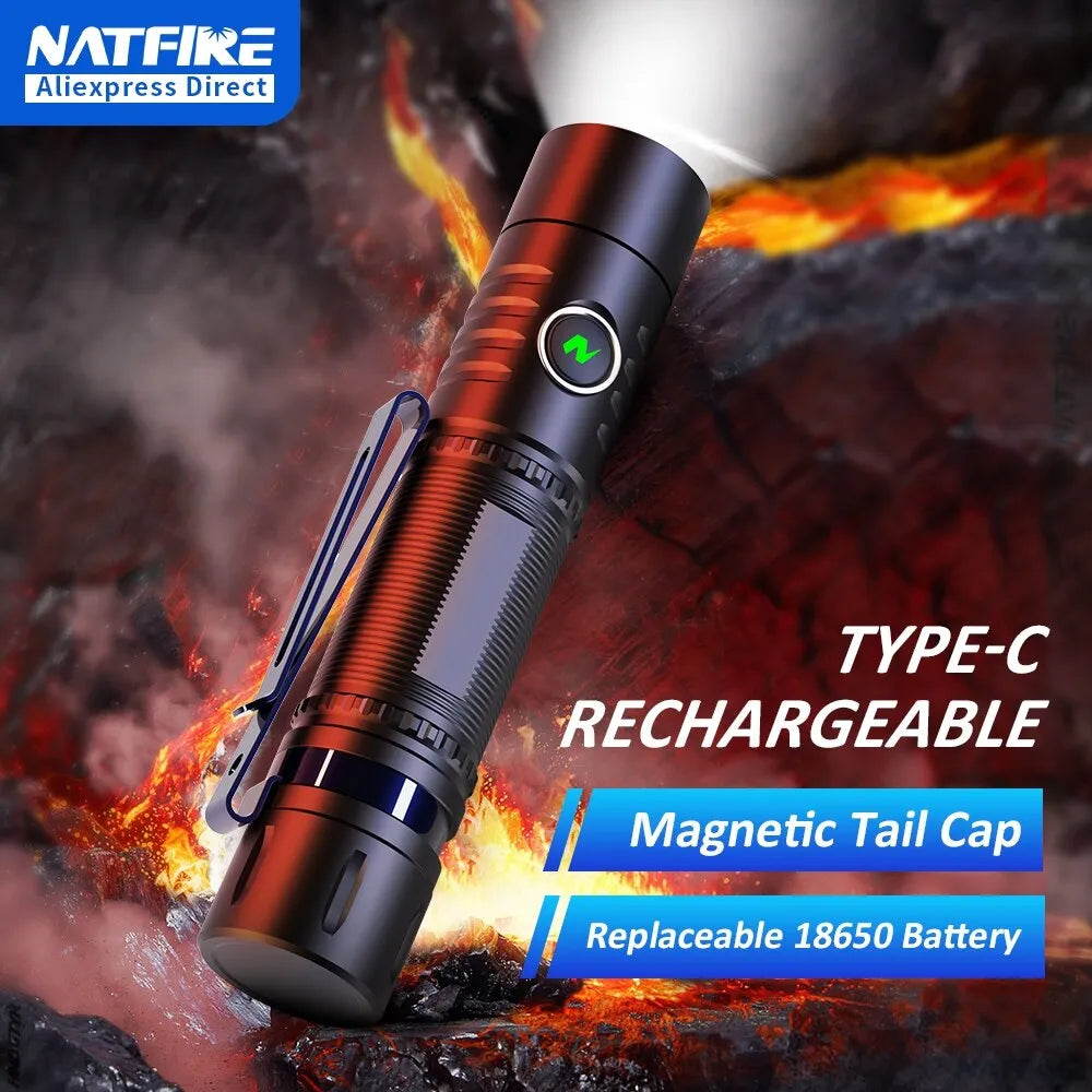 Arctic-insulated inflatable sleeping pad-NATFIRE PK12 EDC Flashlight Magnetic USB C Rechargeable LED Flashlight with Removable 18650 Battery Optional 1000LM Torch