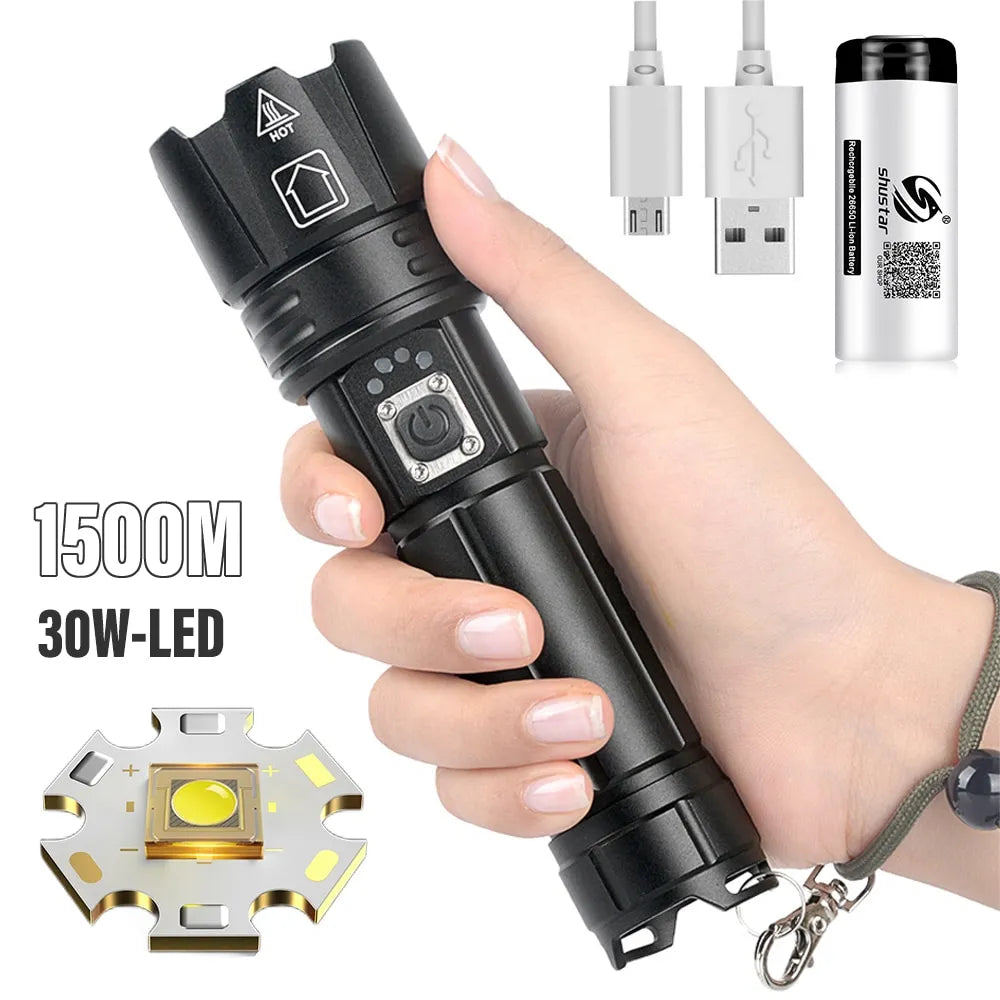 Energy-saving inflatable hiking sleep pad-Super Bright LED Flashlight USB Rechargeable Torch Light With 30W LED Can Illuminate 1500 Meters Tactical Lantern