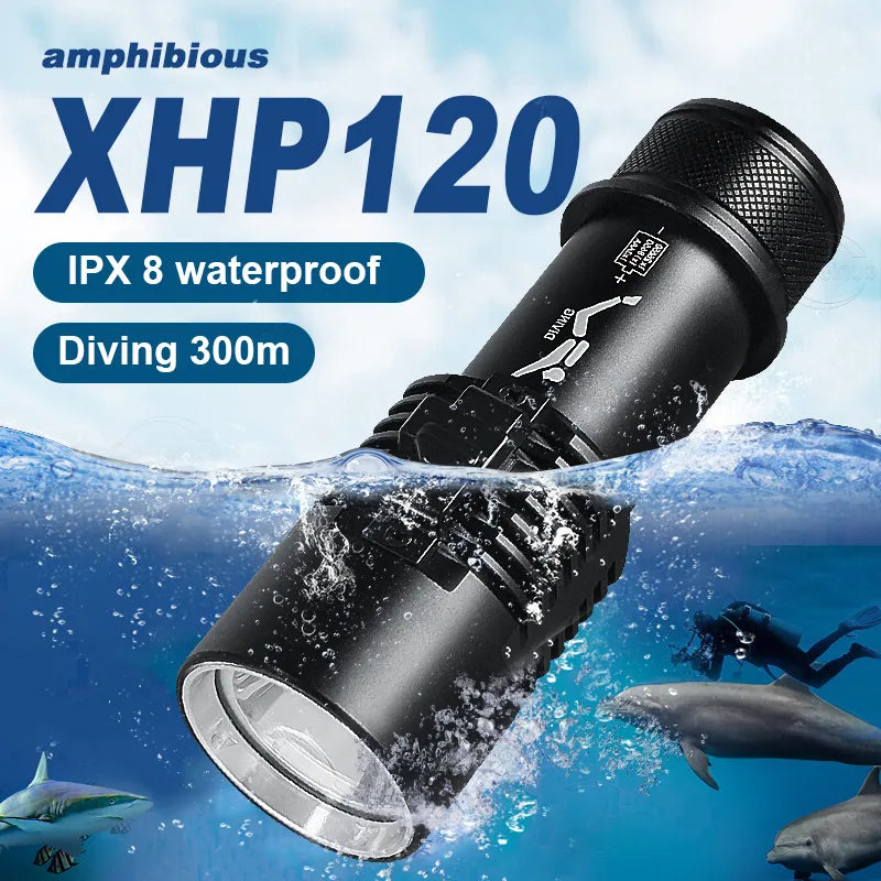 Rechargeable trail adventure floodlight-Super XHP120 Professional Diving Flashlight 300m Underwater Scuba Diving Torch IPX8 Waterproof Powerful Dive Light 26650 Battery