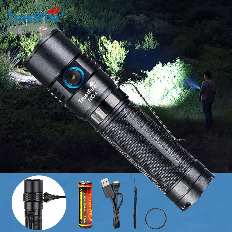 Rechargeable hiking trail perimeter light-TrustFire MC3 EDC LED Flashlight 2500 Lumens Magnetic USB Rechargeable XHP50 Torch Lamp Come With 21700 5000mah Battery