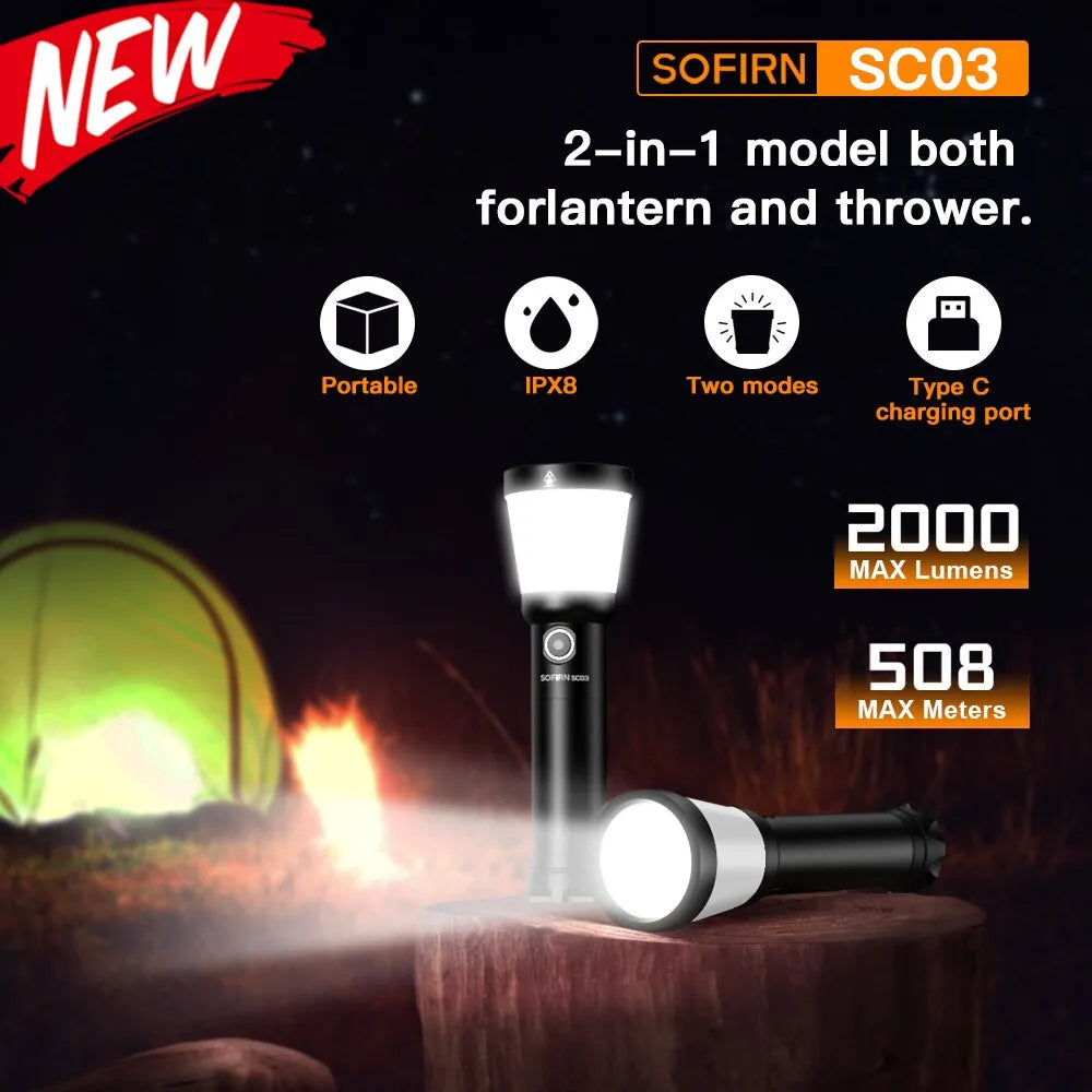 Reflective nylon hiking trail boundary tape-Sofirn SC03 Camping Light 2in1 2000LM Powerful Flashlight USB C Rechargeable 21700 Lantern Outdoor Torch with Combo Side Light