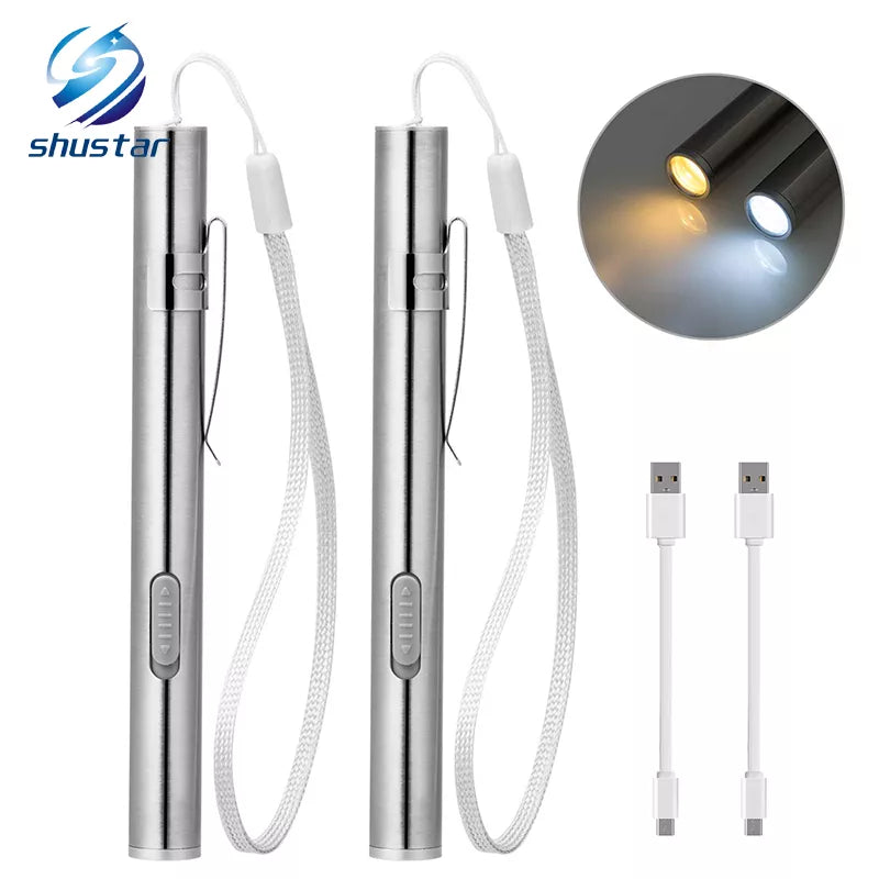 Multi-weather trekking sleep pad-Rechargeable LED Flashlight Pen light MINI Torch Cool white + warm white light With USB charging cable Used for camping, doctors