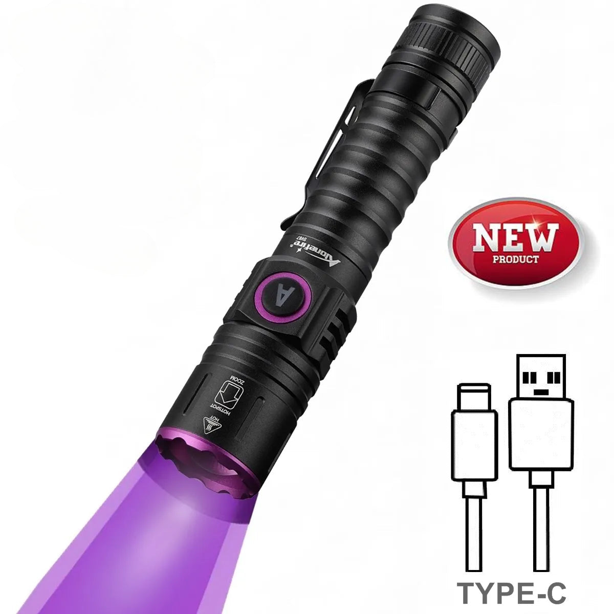 High-pressure trekking hydration water camping tank-Zoom UV LED Flashlight 365 395nm Type-C Charging Invisible Ink Marker Cat Dog Urine Tinea Ore Money Scorpion Fluorescence Light