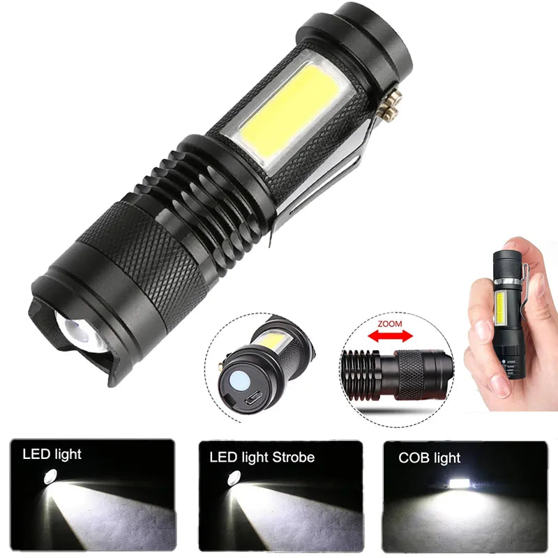 Windproof camping adventure tarp rain shelter-Mini Portable Flashlight Q5+COB Strong Light Zoom 3 Modes Torch Built In Battery USB Rechargeable Lamp Outdoor Camping Lantern