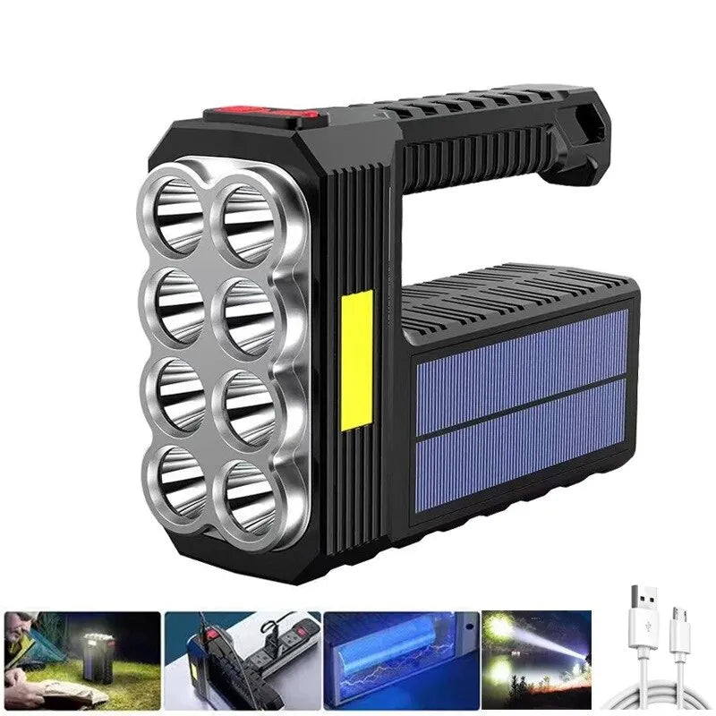 Anti-slip lightweight trail adventure sandals-8LED Rechargeable Flashlight Solar Powered with COB Sidelight 4Mode Portable Waterproof For Outdoor Emergency