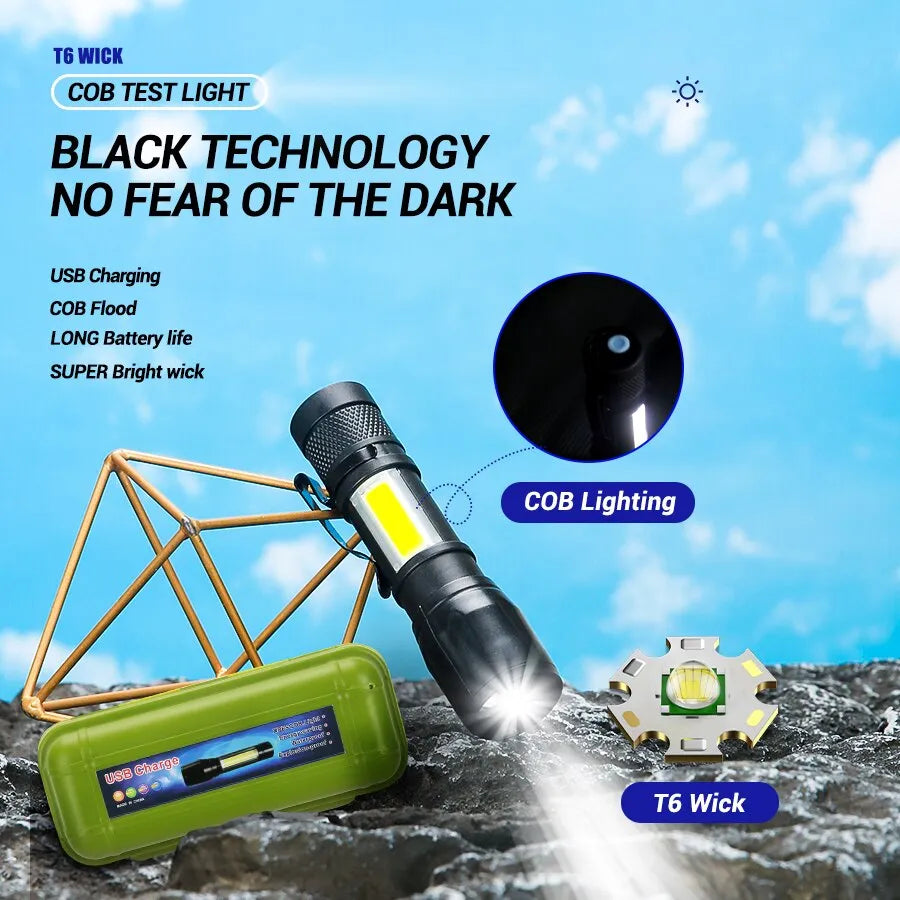 Reinforced high-tensile trekking cord-Mini Torch LED Rechargeable Flashlight Portable USB Charging Flashlight High Power Bank Camping Waterproof Long Range Lantern