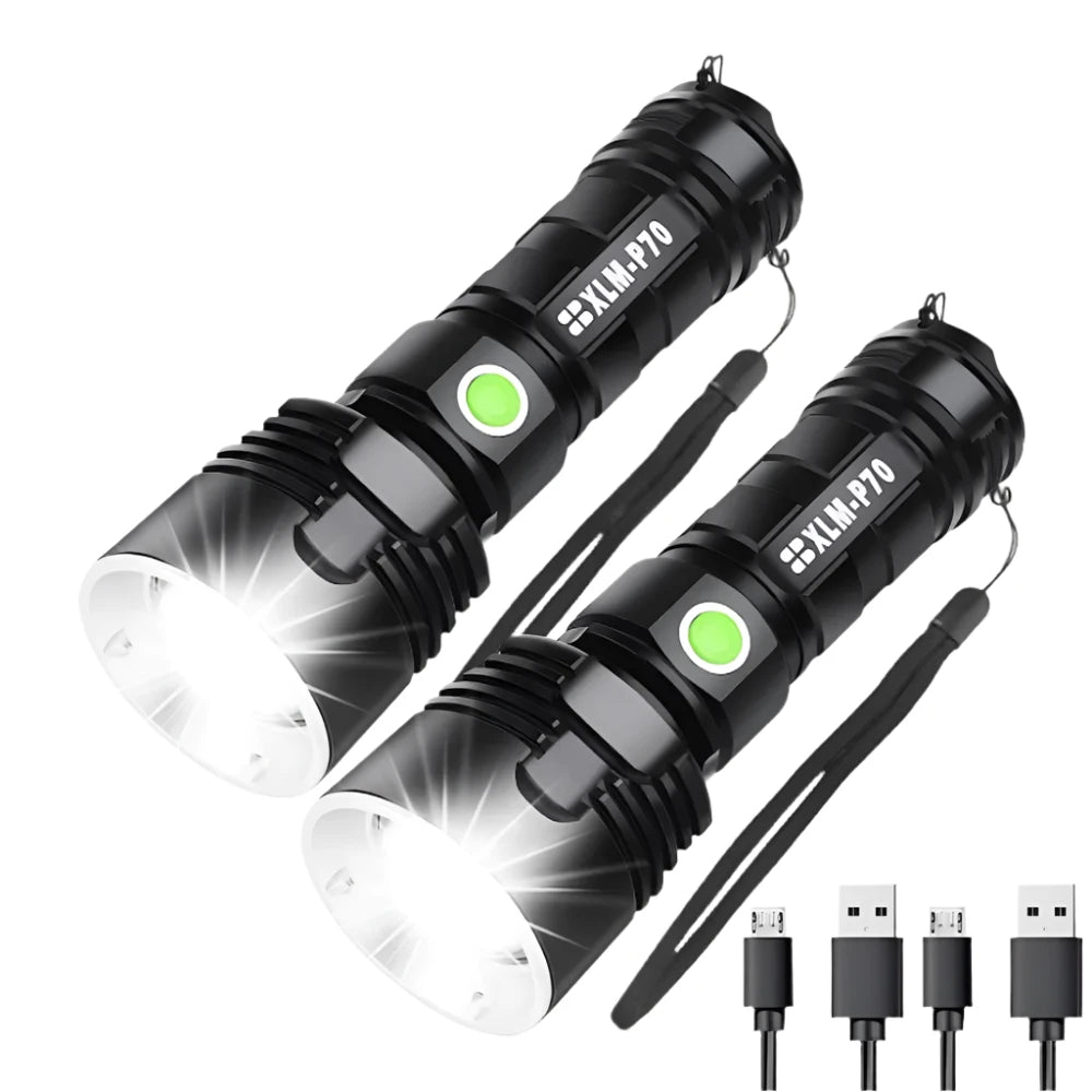 Rechargeable campsite trail perimeter light-P70 Super Bright Flashlight  High Power LED CampingEmergency Light USB Rechargeable Torch Waterproof Light  Long Battery Life