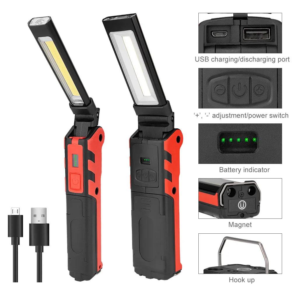 Waterproof camping trail cargo shorts-COB LED Work Light Dimmable USB Rechargeable LED Flashlight Inspection Lamp With Magnetic Hook Power Bank 18650 Battery Torch