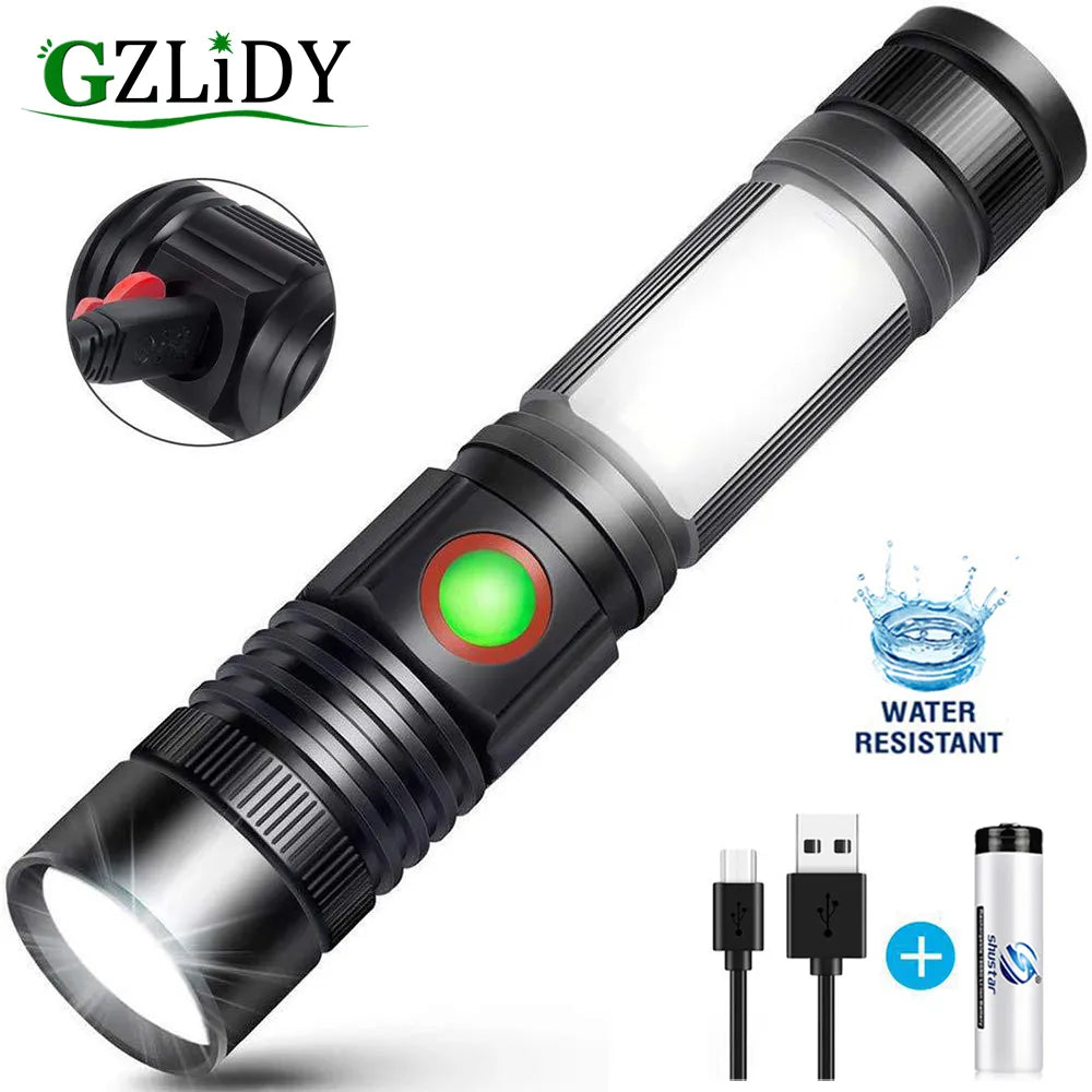 Waterproof hiking trail khaki shorts-Super Bright T6 LED Flashlight USB Rechargeable Waterproof COB Torch Zoom Camping Lamp Portable 18650 Lantern with Tail Magnet