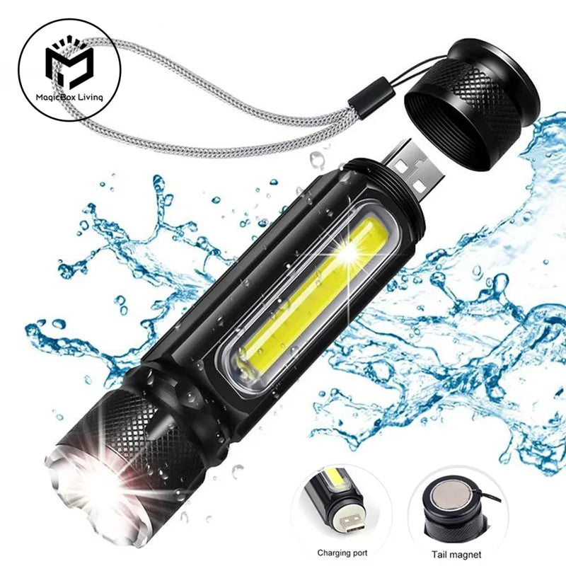 Collapsible high-capacity water bottle-T6 Strong Light LED Usb Rechargeable Flashlight Magnetic Torch Lanter Zoomable Flashlight COB Zoom Highlight Outdoor Lighting