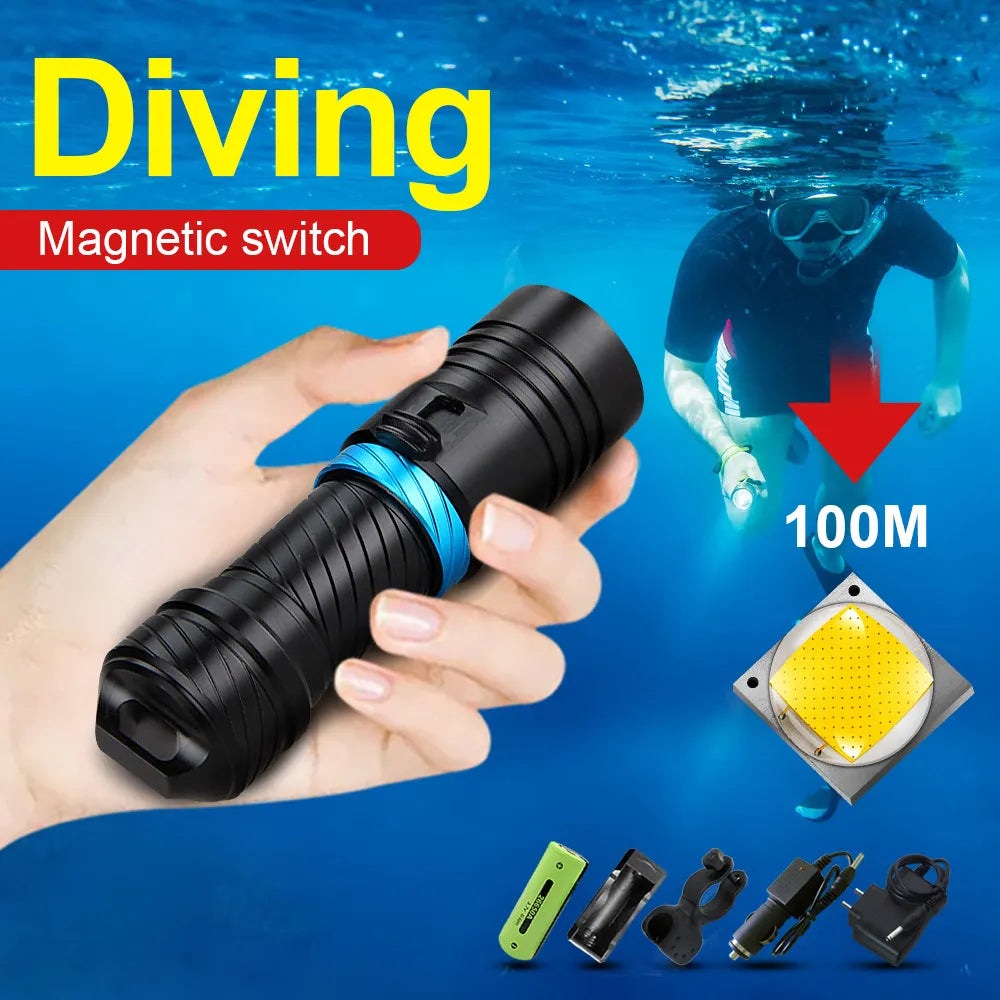 High-performance backpacking trail adventure tent-Professional Diving Torch IPX8 100M Diving Flashlight 18650 26650 Underwater Lamp Rechargeable Led Lantern Waterproof Flashlight