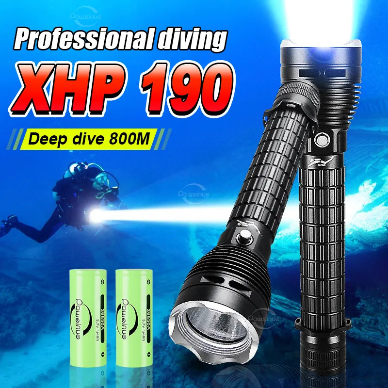 Reinforced nylon trekking adventure rope-Newest XHP190 Professional Diving Flashlight IPX8 Underwater Lamp High Power LED Flashlights Powerful Scuba Diving Torch Lantern