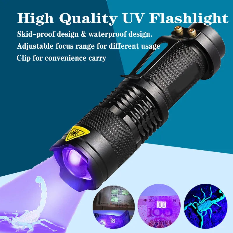 High-performance backpacking trail adventure tent-Led Ultraviolet Flashlight UV Light Portable Mini Zoom UV Lighting Torch Light Flashlight Ultraviolet Detector 365/395nm Lamp