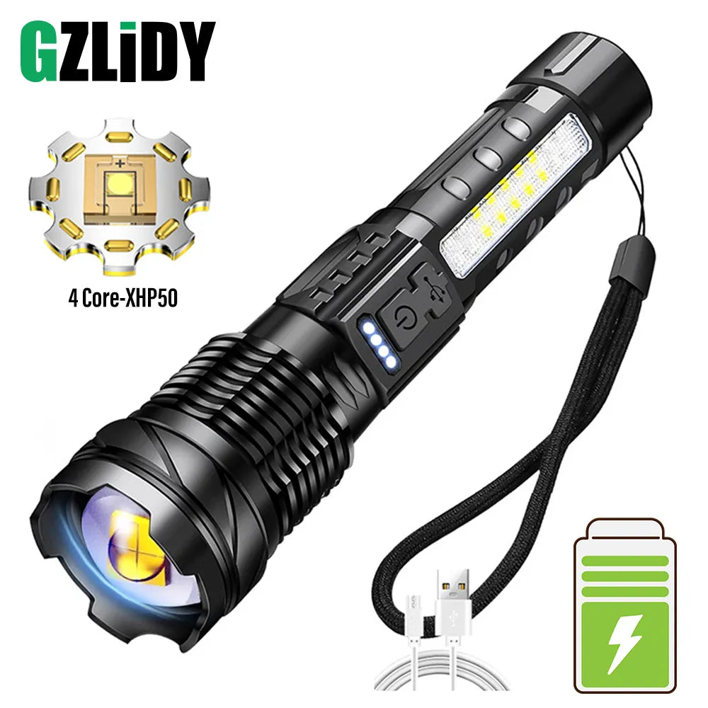 Heavy-duty high-tensile hiking cordage-Powerful XHP50 LED Flashlight Waterproof 18650 Torch With Side Light 7 Modes Camping Fishing Lantern USB Rechargeable Zoom Lamp