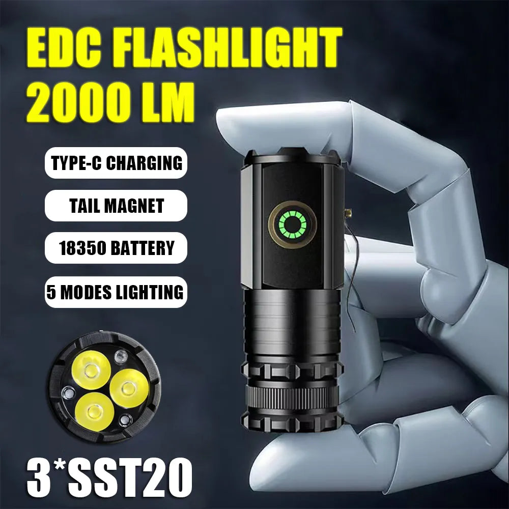 Breathable cooling trekking windbreaker-High Power 3 LED Mini LED Flashlight 2000LM SST20 Portable EDC Torch TYPE-C Rechargeable IP68 Camping Lantern with Tail Magnet